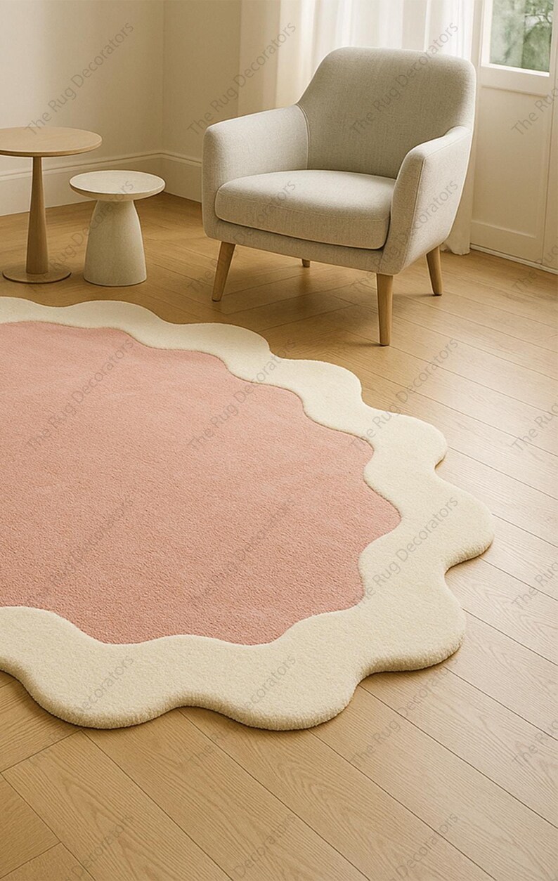 Hand-Tufted Wool Rug – Pink Wavy Edge, Modern Nursery Decor image 8