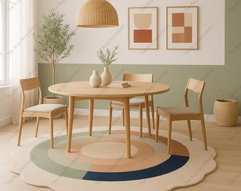 Hand Tufted Wool Rug – Scalloped Abstract Design, Blush, Mint, Navy