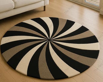 Hand-Tufted Wool Round Rug | Black Beige Swirl Optical Illusion