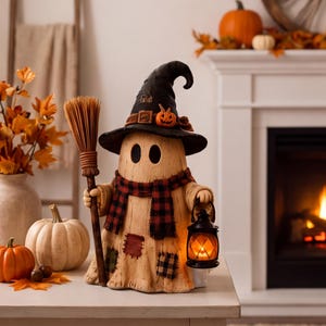 May include: A tan ghost figurine wearing a black witch hat with a small orange pumpkin accent and a red and black plaid scarf. The ghost holds a wooden broom in one hand and a black lantern with a glowing orange light in the other hand.