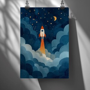 Watercolor Rocket Poster | Space Nursery Wall Art | Night Sky Stars Print for Kids | Digital Download