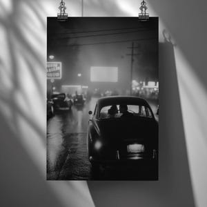 Romantic Noir Night Poster — Vintage Black and White Car Couple Kiss Print, Classic Cinematic Wall Art