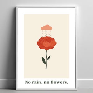 No Rain No Flowers Poster – Minimalist Motivational Wall Art – Modern Botanical Print with Cloud and Rain – Inspirational Quote Decor