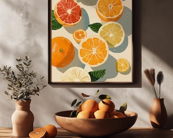 Fresh Citrus Kitchen Wall Art – Illustrated Orange and Fruit Poster, Modern Kitchen Decor, Dining Room Artwork