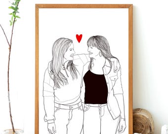 May include: A framed black and white line art print of two people with arms around each other, a red heart above their heads. The artwork is in a wooden frame, and the background is white.