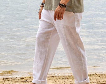 White Linen Pants Men: European Atelier, Elastic Waist Summer Trousers