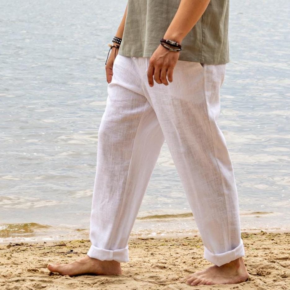 White Linen Pants Men: European Atelier, Elastic Waist Summer Trousers