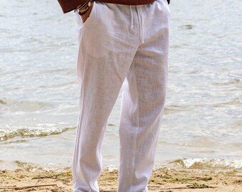 Men's Linen Pants: European Atelier, Elastic Waist Boho Trousers
