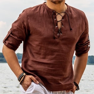 Linen Shirt long sleeve with a decorative neckline, Made in Europe in Atelier, Stylish and comfortable  linen clothes for summer
