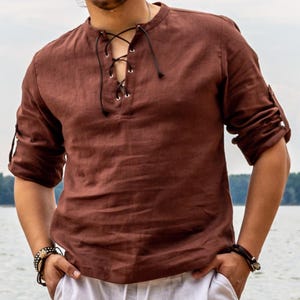 Linen Shirt long sleeve with a decorative neckline, Made in Europe in Atelier, Stylish and comfortable  linen clothes for summer