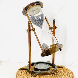 Brass Hourglass Sand Timer with Compass: Vintage Office Decor Gift