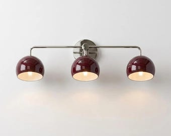 Triple Burgundy Dome Wall Lamp, Modern Brass Vanity Sconce, Minimalist Bathroom Light
