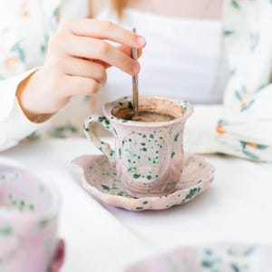 Ceramic Mug and Shell Saucer Set – Handmade Pastel Pottery, Aesthetic Kitchen Decor Gift, Coffee cup and saucer, Artisan ceramic tableware