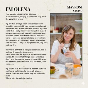 I'm Olena" brand story page featuring the founder of MaVroni Studio at work. The text shares how the studio name was inspired by her children—Matvii, Vladyslav, and Veronika—and her philosophy of creating pottery that brings coziness and stillness to a home.