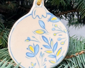 Hand-Painted Floral Ceramic Ornament, Personalized Christmas Tree Decor, Custom Wedding Keepsake, Porcelain Bloom Decor