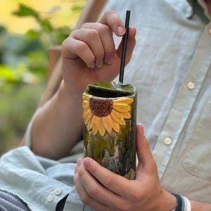 Handmade Green Ceramic Travel Mug with Lid | Sunflower Pottery Coffee Tumbler | Rustic Artistic Stoneware To-Go Mug | Food Safe Glaze