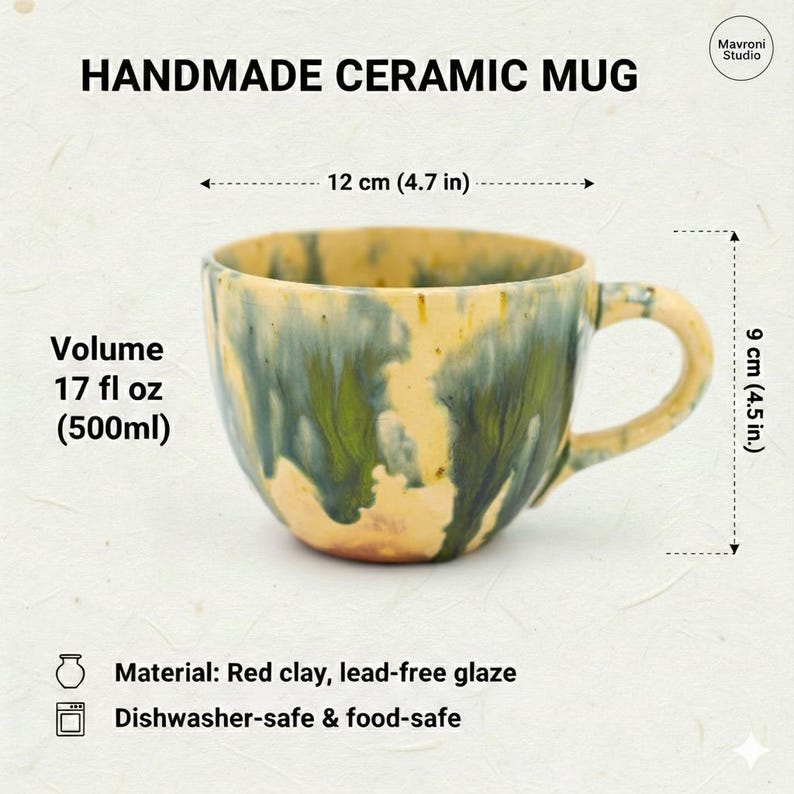 Technical infographic for a large 17 fl oz (500ml) handmade mug showing dimensions: 12 cm (4.7 in) width and 9 cm (4.5 in) height. Made from red clay with a lead-free glaze, this pottery is dishwasher-safe and food-safe.