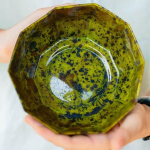 Handmade Geometric Ceramic Bowl | Pottery Dish | Serving Bowl | Rustic Green Glaze | Artisan Kitchenware | Gift for Cook