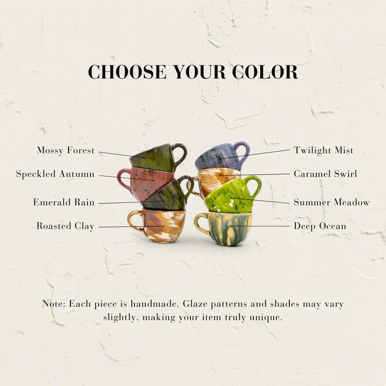 Choose Your Color" infographic showing eight unique glaze styles, including Deep Ocean, Mossy Forest, and Caramel Swirl. Note explains that each handcrafted piece has slight variations in pattern and shade, making every mug truly unique.