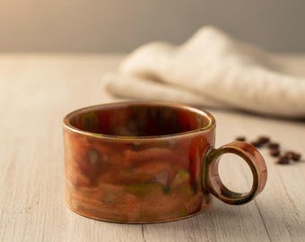 Handmade Ceramic Mug, Pottery Coffee Cup 6.8oz, Rustic Tea Cup, Aesthetic Flat Bottom Mug, Cottagecore Gift, Artisan Glazed Stoneware Mug