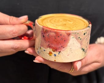 Cottagecore Red Speckled Mug, Artisan Coffee Cup 200ml, Whimsical Handmade Pottery, Unique Drip Glaze Chunky Ceramic Mug