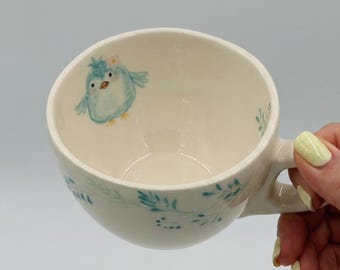 Hand Painted Ceramic Bird Mug, Large Handmade Porcelain Coffee Cup 350ml / 12 oz, Blue Bird Pottery, Tea Cup with Handle