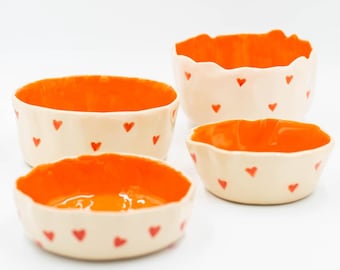 Set of 4 Handmade Ceramic Bowls – Heart Pattern Pottery Dishes, Cute Snack or Dessert Bowls, Unique Handmade Gift for Kitchen