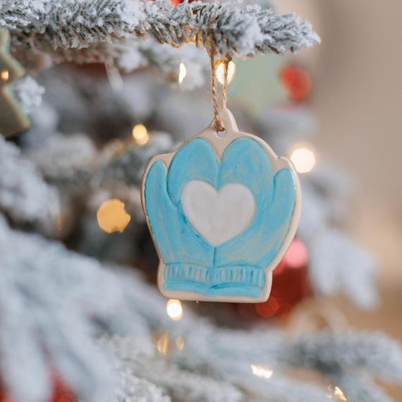 Blue Mitten Christmas Ornament | Heart Hand Warmer Tree Decor | Cozy Winter White Icing Effect | Handmade Holiday Keepsake Gift