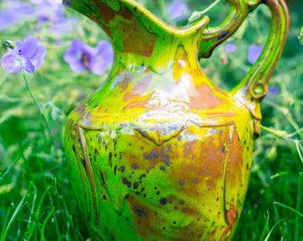 Pichet en céramique 1,5 L | Pichet en poterie fait main | Vase artisanal en argile | Décoration de cuisine rustique | Grande cruche verte | Cadeau pour elle