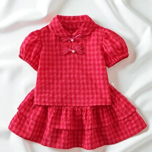 Traditional Chinese Girl Outfit Set - 2Pcs Sleeveless Plaid Top and Skirt for Toddlers Kids Age 2-7 Years Clothes