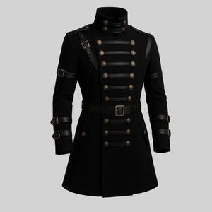 May include: Black military-style coat with a high collar and double-breasted button closure. The coat features leather accents on the shoulders, sleeves, and waist, with buckle details. The coat has a tailored fit and a flared bottom.