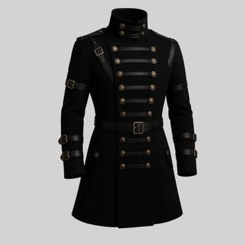 May include: Black military-style coat with a high collar and double-breasted button closure. The coat features leather accents on the shoulders, sleeves, and waist, with buckle details. The coat has a tailored fit and a flared bottom.