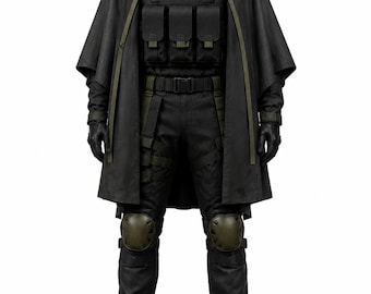 Black Tactical Combat Hooded Cloak Outfit | Post Apocalyptic Costume | Ranger Cape with Tactical Vest