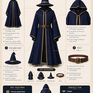 May include: A navy blue Wizard Outfit Set, a 4-piece ensemble for cosplay or themed events. Includes a long coat, hooded robe, wizard hat, and belt. The set features gold trim and is made of premium fabric.