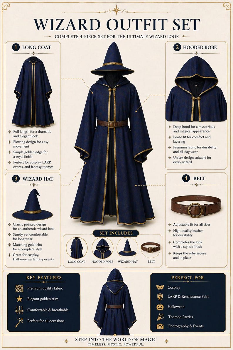 May include: A navy blue Wizard Outfit Set, a 4-piece ensemble for cosplay or themed events. Includes a long coat, hooded robe, wizard hat, and belt. The set features gold trim and is made of premium fabric.