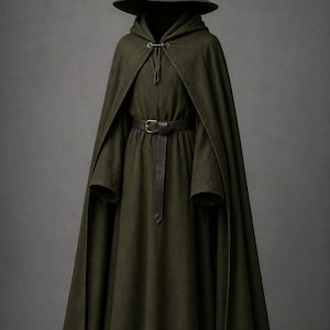 May include: A dark green hooded cloak and matching pointed hat. The cloak has long sleeves and a brown leather belt cinching the waist. The outfit is made of a heavy fabric, creating a medieval or fantasy aesthetic.