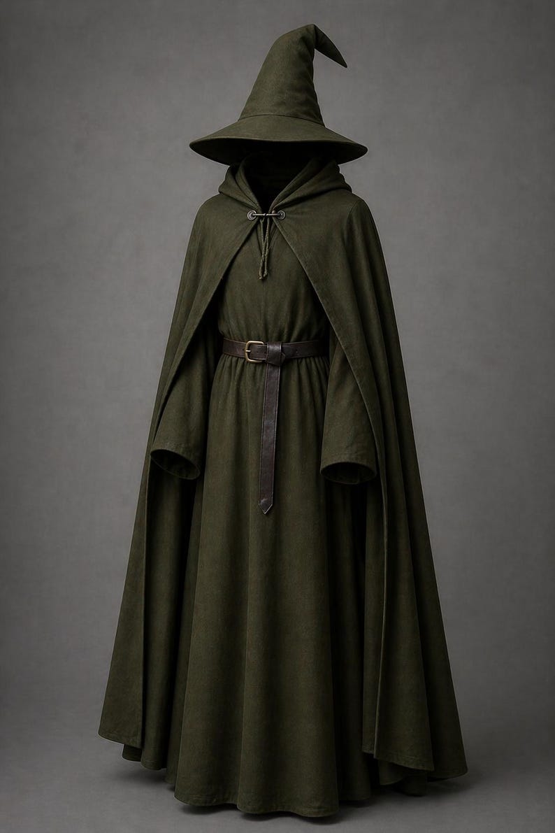 May include: A dark green hooded cloak and matching pointed hat. The cloak has long sleeves and a brown leather belt cinching the waist. The outfit is made of a heavy fabric, creating a medieval or fantasy aesthetic.