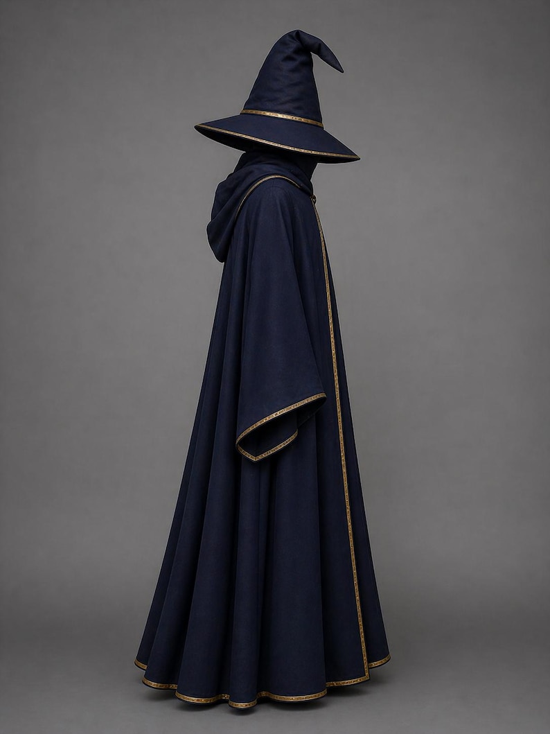May include: A navy blue wizard costume featuring a pointed hat with a gold trim and a matching hooded robe. The robe has gold trim along the edges and sleeves, creating a classic fantasy look.