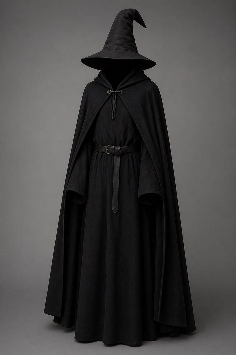 May include: A black hooded cloak and matching pointed hat. The cloak has a long, flowing design with a belt at the waist. The hat has a wide brim and a tall, pointed crown. The outfit is made of a dark, possibly wool-like material.