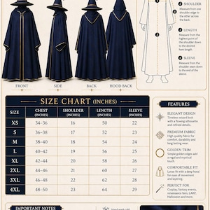 May include: Navy blue wizard robe with a pointed hood and gold trim, displayed in front, side, back, and hood-back views. The image includes a size chart in inches, detailing chest, shoulder, length, and sleeve measurements for various sizes.