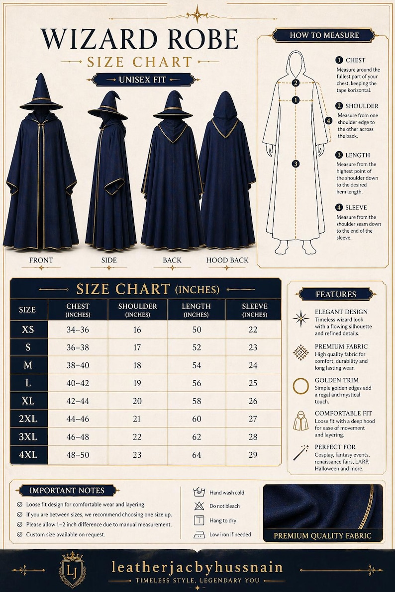 May include: Navy blue wizard robe with a pointed hood and gold trim, displayed in front, side, back, and hood-back views. The image includes a size chart in inches, detailing chest, shoulder, length, and sleeve measurements for various sizes.
