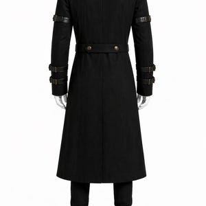 May include: A long black coat with a high collar, shoulder epaulettes, and decorative leather straps on the sleeves. The coat features a belted waist and is paired with black pants and boots. The overall style is reminiscent of a military or gothic aesthetic.