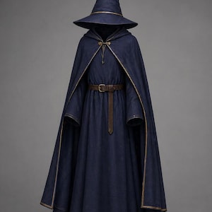 Blue Wizard Costume – Archmage Robe, Hooded Cloak, Hat, Belt
