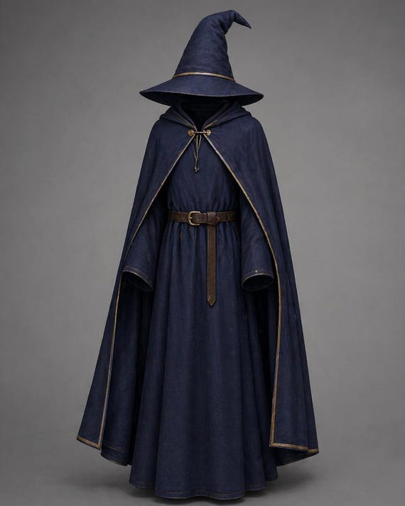 Blue Wizard Costume – Archmage Robe, Hooded Cloak, Hat, Belt