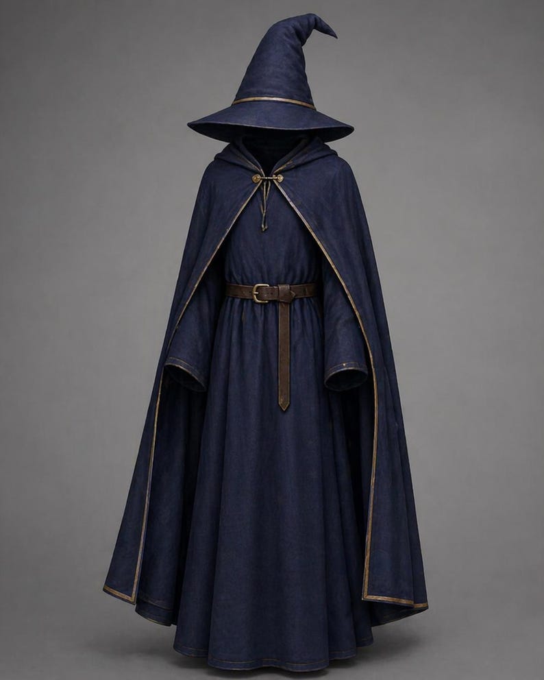 May include: A dark blue wizard costume with a matching pointed hat, cape, and long dress. The costume features brown trim and a brown belt. The hat has a gold band. The cape is fastened with a gold clasp.