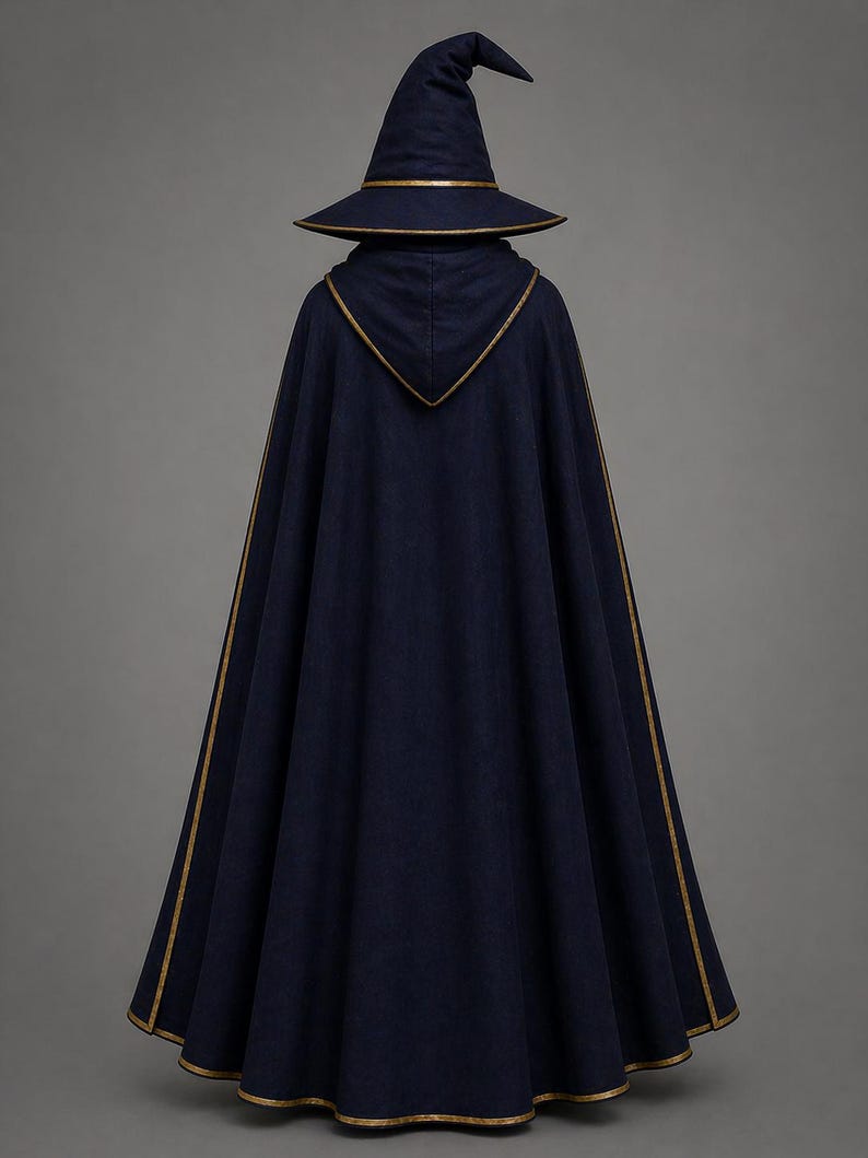 May include: A navy blue witch costume, featuring a pointed hat and a long cape. The hat and cape are trimmed with gold-colored accents. The costume is made of a dark fabric, and the overall design is simple and elegant.