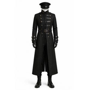 May include: A black military-style coat with a matching hat, gloves, and boots. The coat features multiple gold-colored buttons, a belt, and decorative cuffs. The outfit is displayed on a mannequin against a white background.