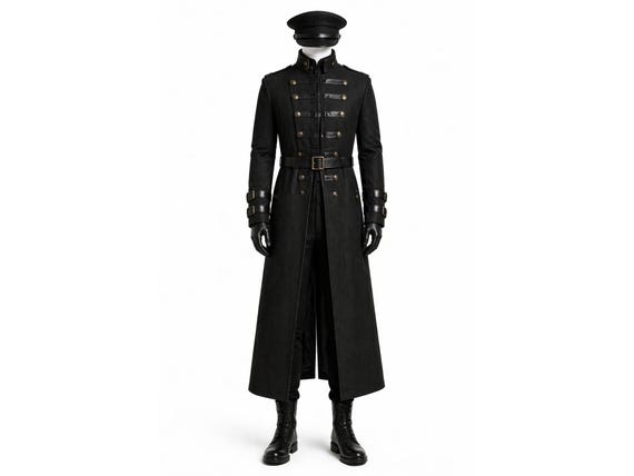 Black Trench Coat with Belt and Cap Military Gothic Long Coat Cosplay Costume