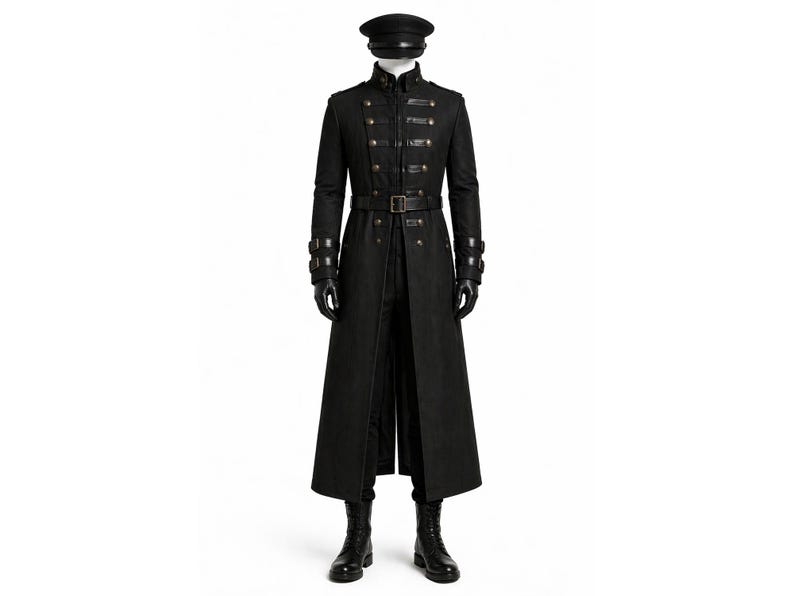 May include: A black military-style coat with a matching hat, gloves, and boots. The coat features multiple gold-colored buttons, a belt, and decorative cuffs. The outfit is displayed on a mannequin against a white background.