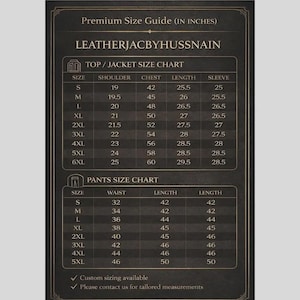 May include: A size chart for jackets and pants, with measurements in inches. The chart includes shoulder, chest, length, and sleeve measurements for jackets, and waist and length measurements for pants. The brand name is LEATHERJACBYHUSSNAIN.